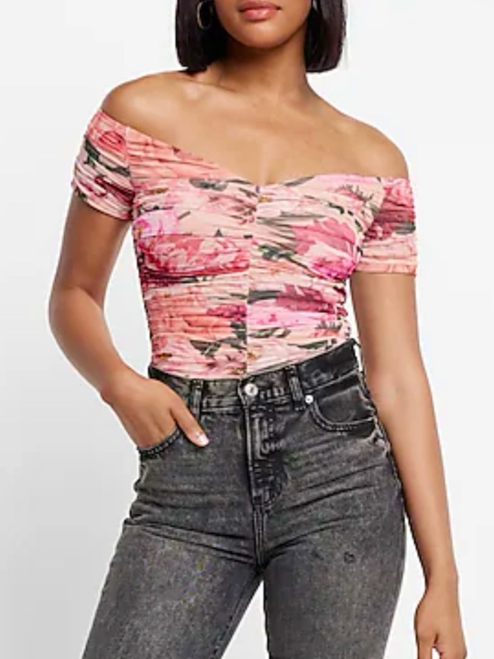 Express Body Contour Pink Floral Mesh Off The Shoulder Bodysuit Womens Size S